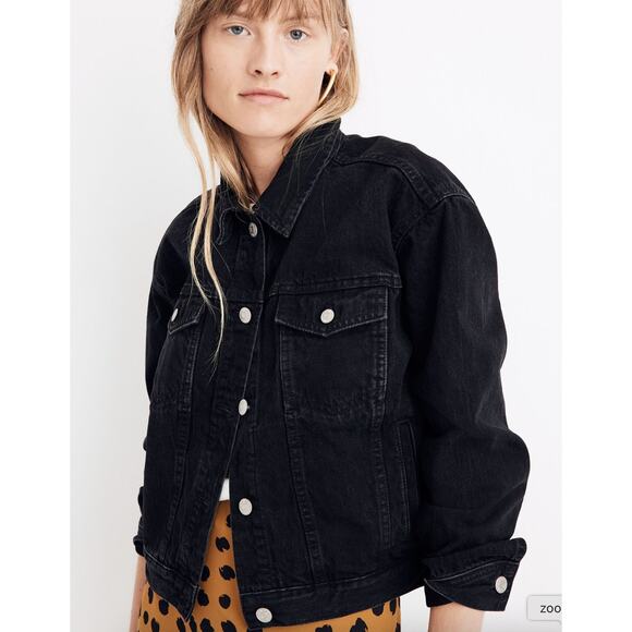 (S) $128 Madewell Boxy‎ Crop Denim Jacket Black Lunar Wash - Picture 1 of 5